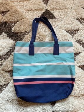 Striped Tote Bag in Aqua, Navy, Pink, & White
